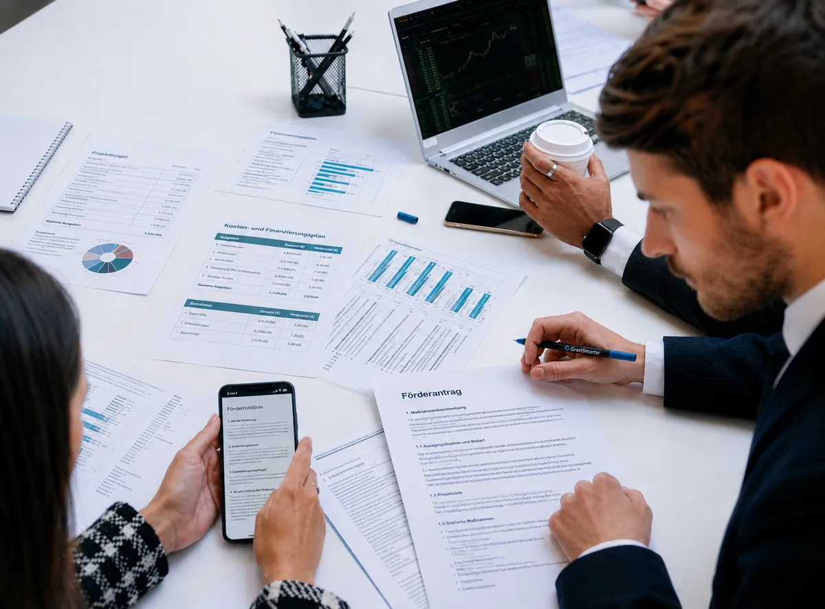 Zwei Berater analysieren gemeinsam Förderunterlagen und Antragsdokumente an einem Besprechungstisch